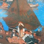 Moroccan artwork of people aboard a marina
