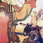 Artwork of Moroccan men riding camels