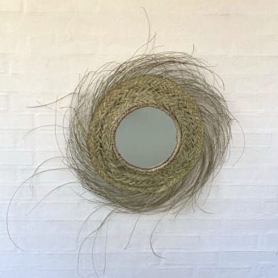 Miroir bohème marocain fait main avec bords en raphia tressé