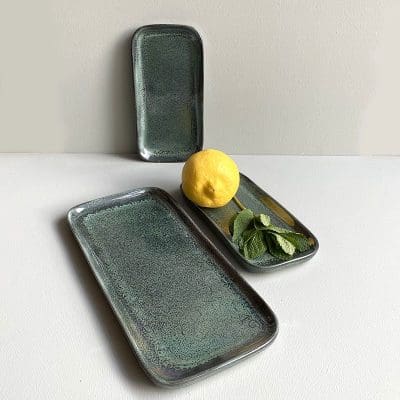 Moroccan handmade stoneware dish in green marbré with decorations