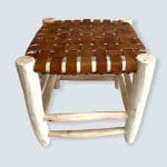 Tabouret marocain en bois fait main avec assise en cuir tressé