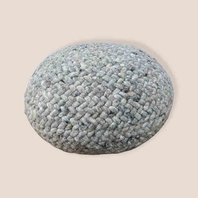Rund marokkansk håndsyet uldpuf i beige og lysgrå