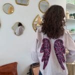 Chemise_ANGEL BERRY_M chemise à rayures vieux rose et blanc à manches longues et ailes d'ange cousues dans le dos