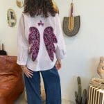Chemise_ANGEL BERRY_M chemise à rayures vieux rose et blanc à manches longues et ailes d'ange cousues dans le dos