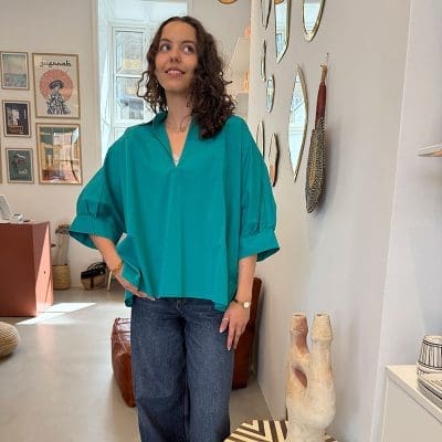 Chemise ANGEL TIDE_ chemise bleu turquoise avec ailes d'ange cousues dans le dos