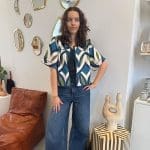 Jacke_NAHLA in Satin mit Blau und Grün mit kurzen Ärmeln