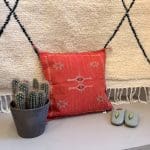 red motif 1. Cactus silk pillowcase with light green patterns.