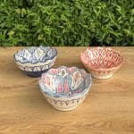 Beautiful Moroccan ceramic bowls in three different variations, each with a traditional Moroccan pattern in fine colors. Measures 20 cm. in diameter and is handmade in Morocco.