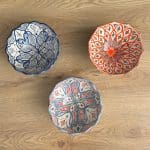 Beautiful Moroccan ceramic bowls in three different variations, each with a traditional Moroccan pattern in fine colors. Measures 20 cm. in diameter and is handmade in Morocco.