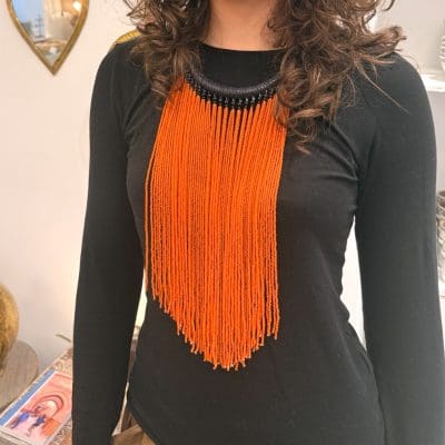 Pearl necklace with orange pearls and black choker. Handmade in Morocco.