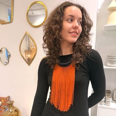 Pearl necklace with orange pearls and black choker. Handmade in Morocco.