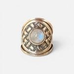 Prachtige zilveren ring met een gevlochten uiterlijk en een mooie ronde steen in het midden.